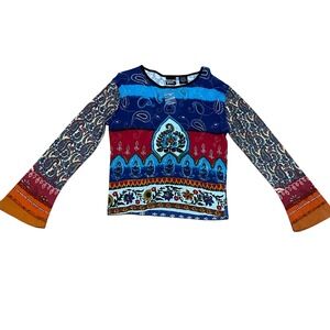 VTG Crossing Pointe Sm Paisley Patchwork Floral Bell Sleeve Boho Beaded Top NWOT